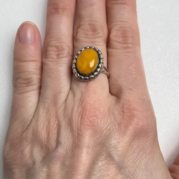 925 Sterling Silver Orange Amber Cabochon Ring Bezel Set Size 7 Boho